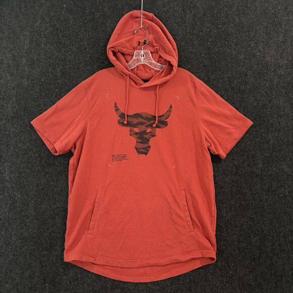 Under Armour Project Rock Shirt Mens XL Red French Terry Hoodie Bull Pullover - Picture 1 of 8